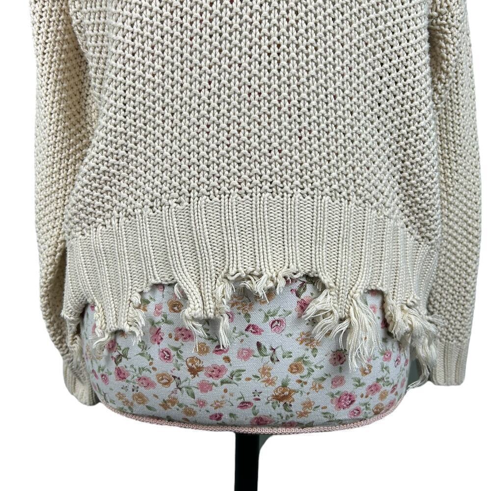 Elan Knit Distressed Fringe Frayed Varsity Stripe Sweater Blue Gold Cream Medium - Picture 7 of 7
